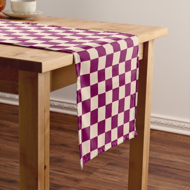 Maroon and beige chequerboard pattern short table runner (In Situ)