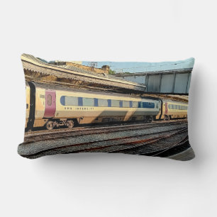 Maroon and beige train lumbar pillow