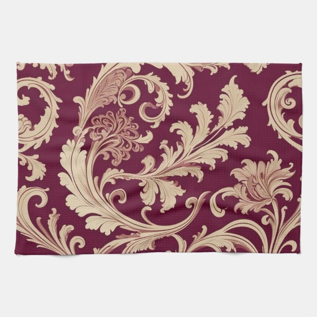 Maroon and Beige Vintage Pattern  Kitchen Towel (Horizontal)
