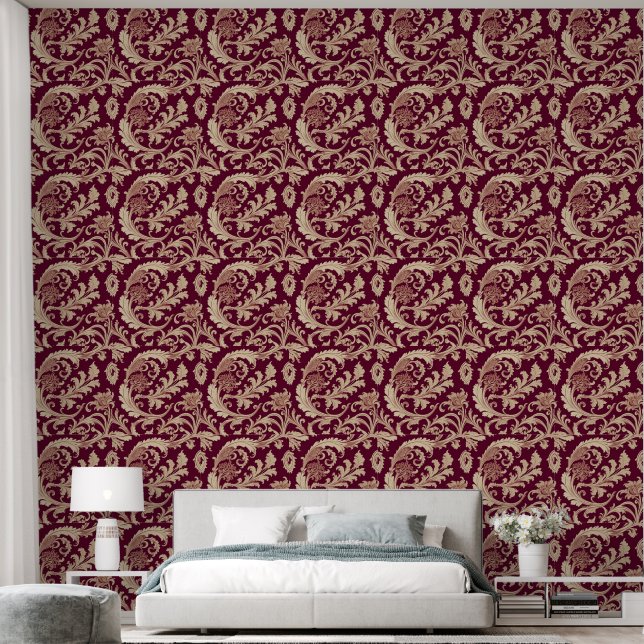 Maroon and Beige Vintage Pattern Wallpaper (Bedroom)