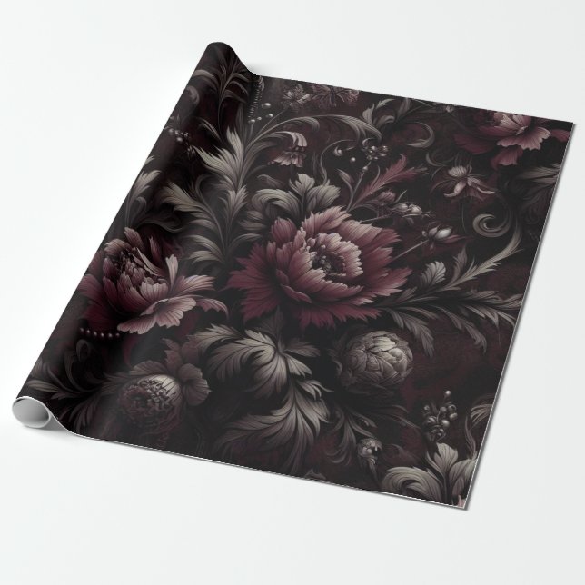 Maroon and Black Floral Gift Wrapping Paper  (Unrolled)