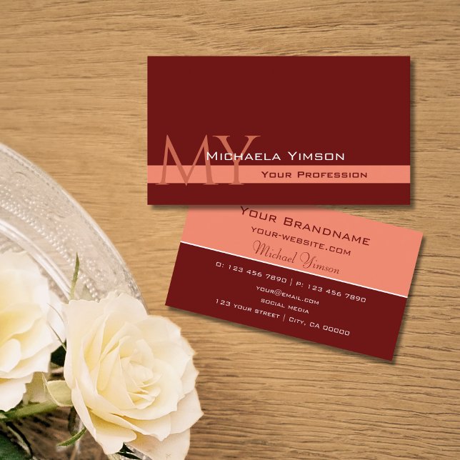 Maroon and Coral with Monogram Professional Simple Business Card (Creator Uploaded)