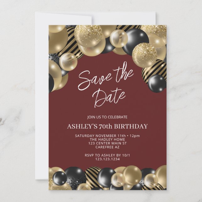 Maroon and Gold 70th Birthday Invitation (Front)