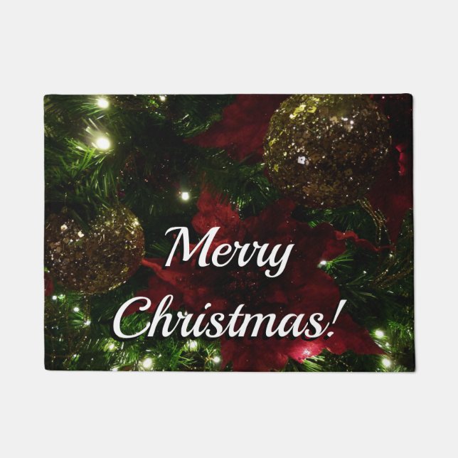 Maroon and Gold Christmas Tree I Holiday Photo Doormat (Front)