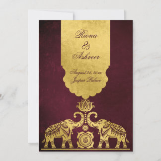 Maroon and gold elephants luxury Indian wedding  Invitation