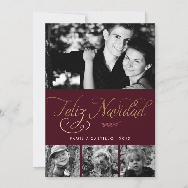 Maroon and Gold Feliz Navidad Photo Holiday Card (Front)