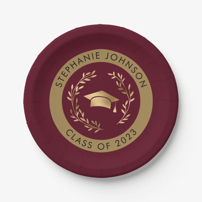 Maroon and Gold Grad Cap Class of 2023 Party Paper Plate (Front)