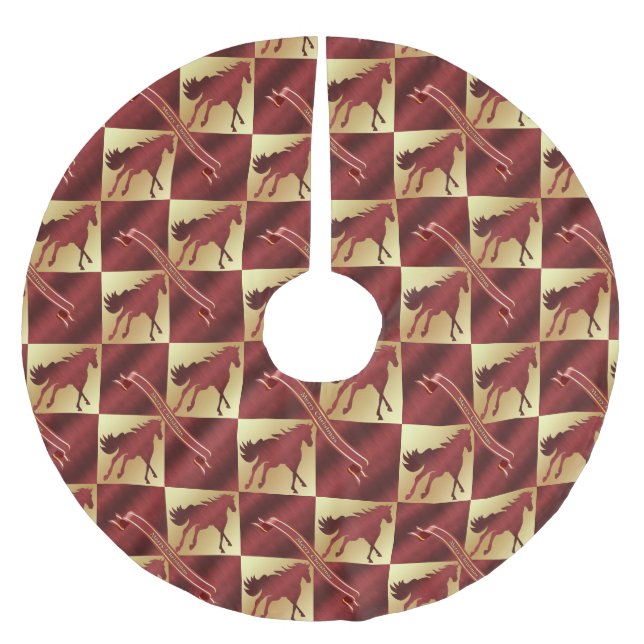 Maroon and Gold Merry Christmas Horse Brushed Polyester Tree Skirt (Front)