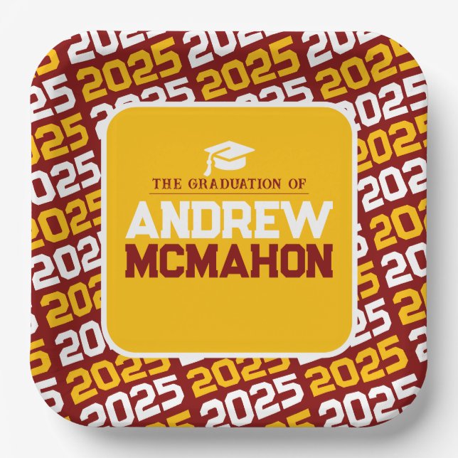 Maroon and Gold Personalized Graduation Paper Plate (Front)