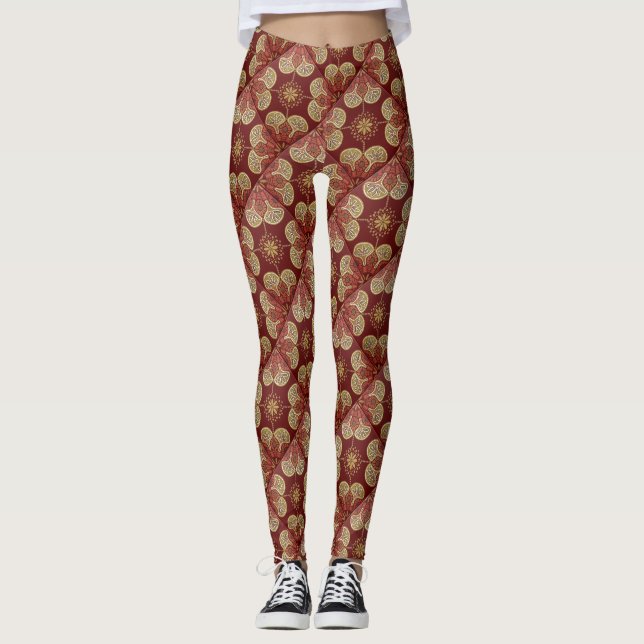 maroon and gold tile print Leggings (Front)