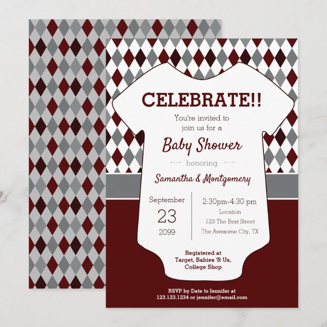 Maroon and Grey Argyle Patterned Baby Shower Invitation (Front/Back)
