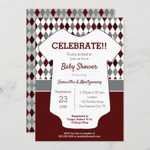 Maroon and Grey Argyle Patterned Baby Shower Invitation