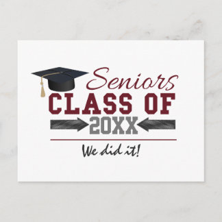 Maroon and Grey Typography Graduation Gear Announcement Postcard