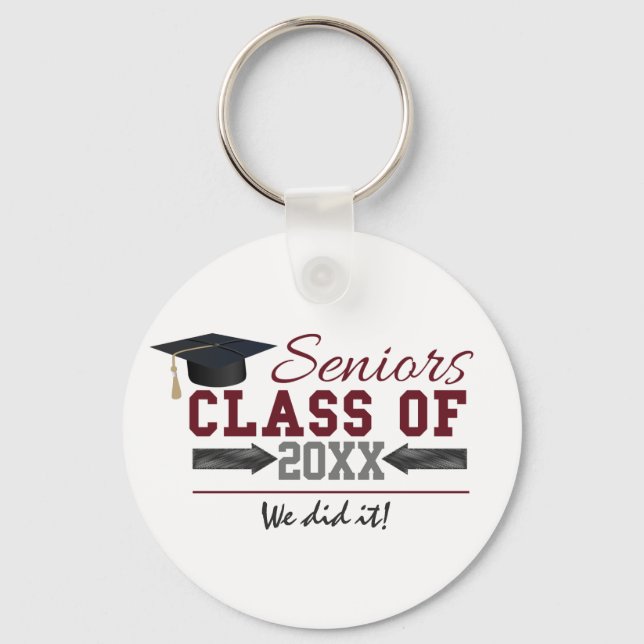 Maroon and Grey Typography Graduation key ring (Front)