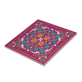 Maroon and orange Azulejo Tile