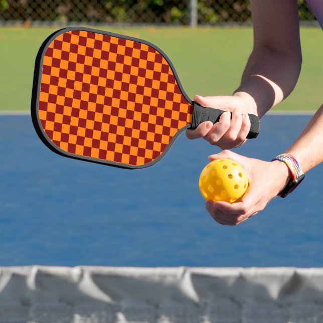 Maroon and Orange Chequered Vintage Pickleball Paddle (Insitu)
