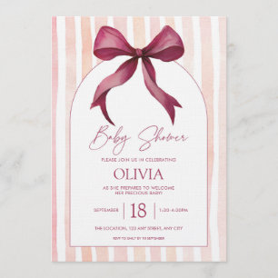 Maroon and Pink Bow Watercolor Baby Shower Invitation