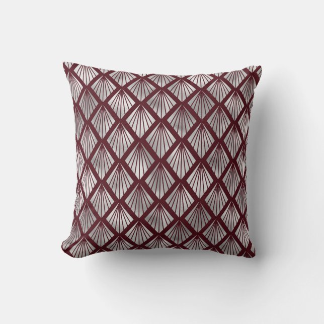 Maroon and Silver Art Deco Diamond Pattern Throw Pillow (Front)