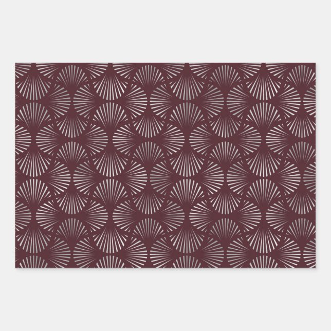 Maroon and Silver Art Deco Fan Pattern Wrapping Paper Sheet (Front)