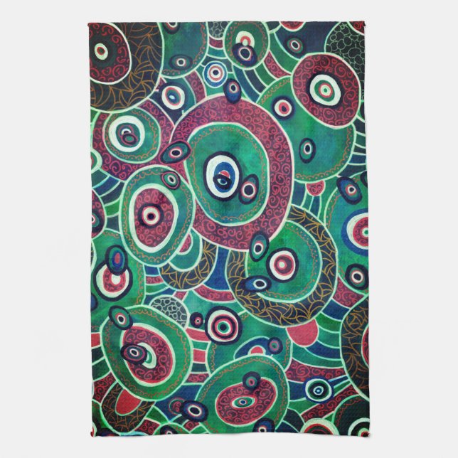 Maroon and Turquoise Circles and Ovals Original Kitchen Towel (Vertical)
