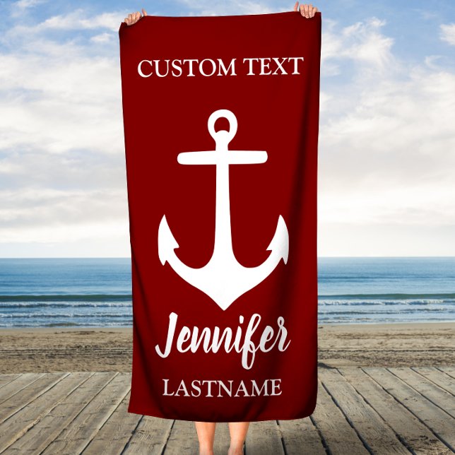 Maroon and White Anchor Personalized Beach Towel (Creator Uploaded)