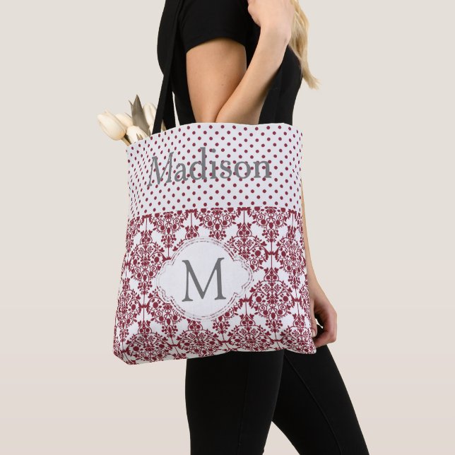 Maroon and White Girly Trendy Initial Monogram Tote Bag (Close Up)