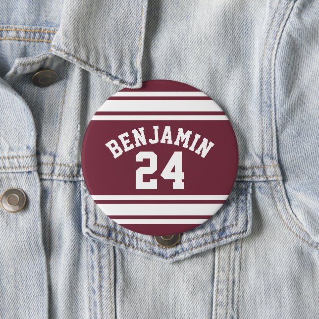 Maroon and White Jersey Stripes Custom Name Number 4 Inch Round Button (In Situ)