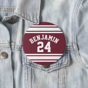 Maroon and White Jersey Stripes Custom Name Number 4 Inch Round Button