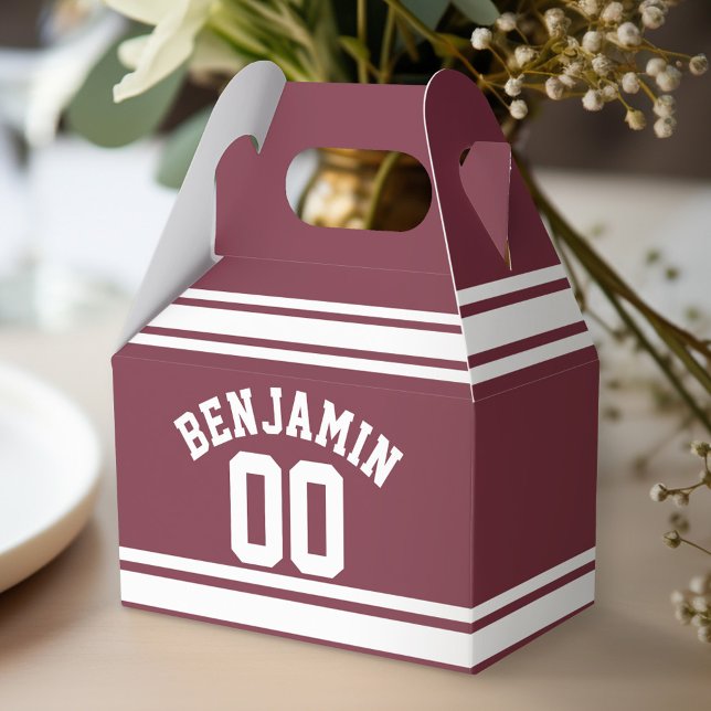 Maroon and White Jersey Stripes Custom Name Number Favor Box (Personalized favor box - birthday party)