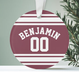 Maroon and White Jersey Stripes Custom Name Number Ornament