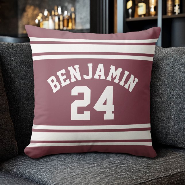 Maroon and White Jersey Stripes Custom Name Number Throw Pillow (Custom Sporty Pillow)