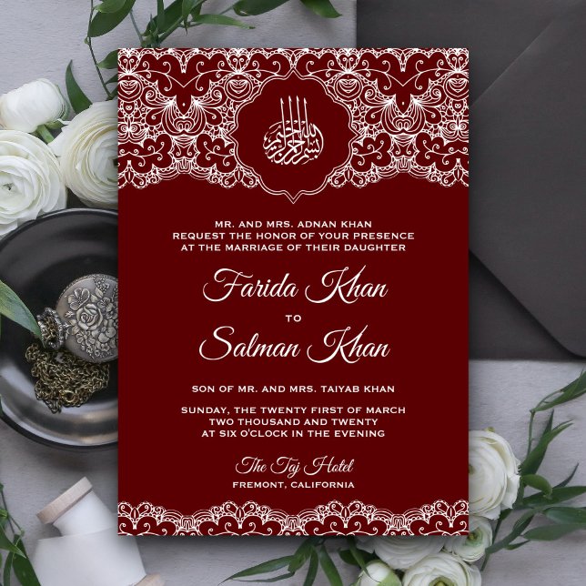Maroon and White Lace Islamic Muslim Wedding Invitation (Creator Uploaded)