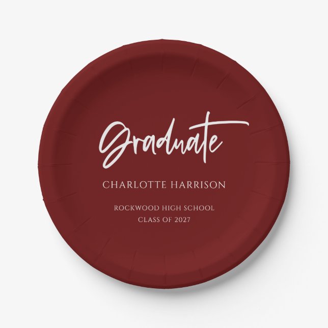 Maroon and White Modern Script Graduation Party Paper Plate (Front)