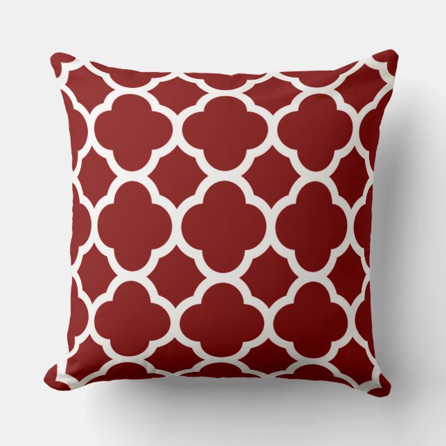 Maroon and White Quatrefoil Pattern Throw Pillow (Front)