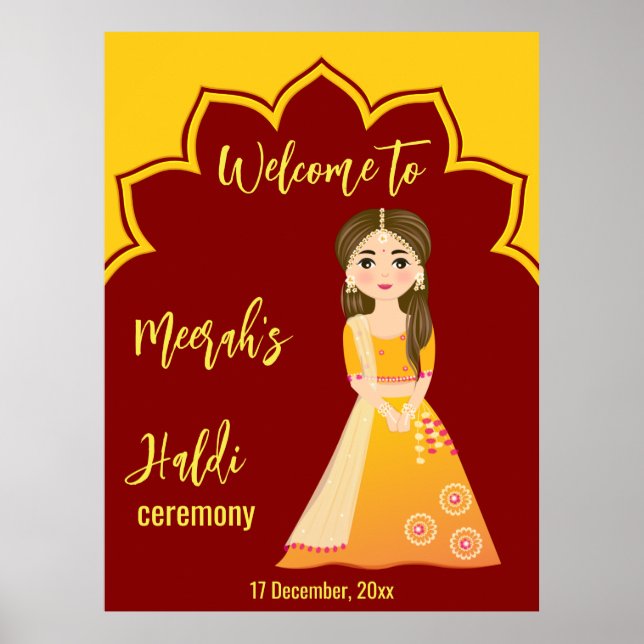 Maroon and yellow border hindu haldi ceremony  poster (Front)