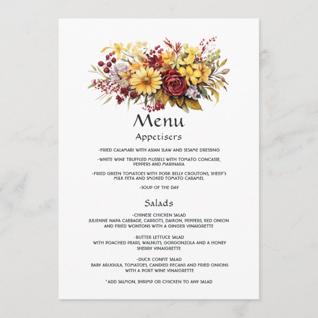Maroon and Yellow Floral Wedding Guest Details Menu (Front)