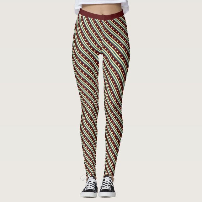 Maroon And Yellow Star Stripe Pattern Gym Fitness Leggings (Front)