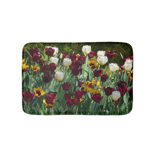 Maroon and Yellow Tulips Colourful Floral Bath Mat (Front)