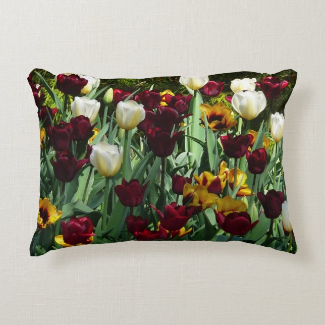 Maroon and Yellow Tulips Colourful Floral Decorative Pillow (Front)