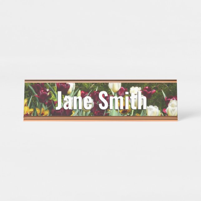 Maroon and Yellow Tulips Colourful Floral Desk Name Plate (Front)