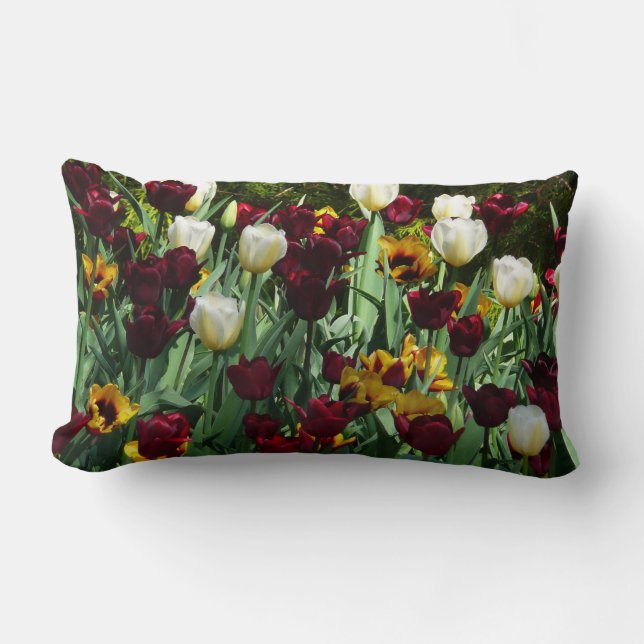 Maroon and Yellow Tulips Colourful Floral Lumbar Pillow (Front)
