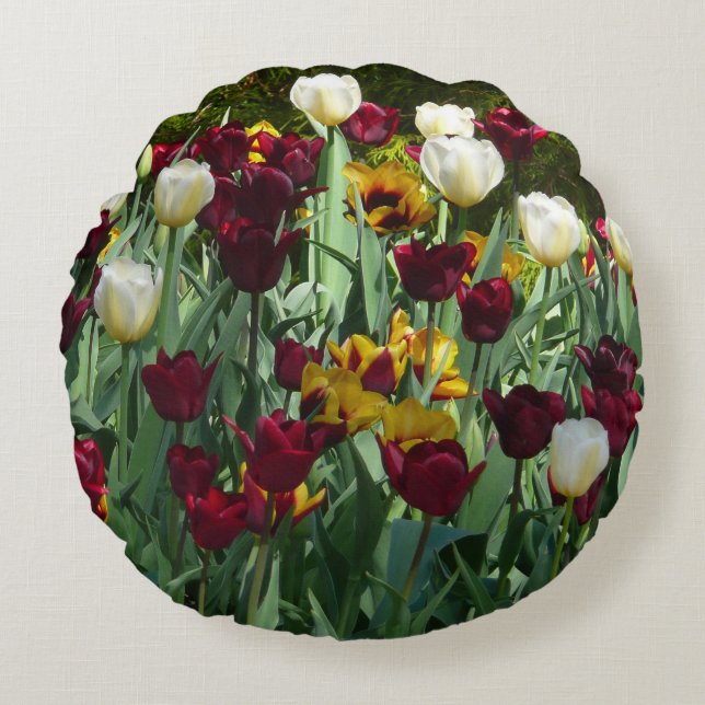 Maroon and Yellow Tulips Colourful Floral Round Pillow (Front)