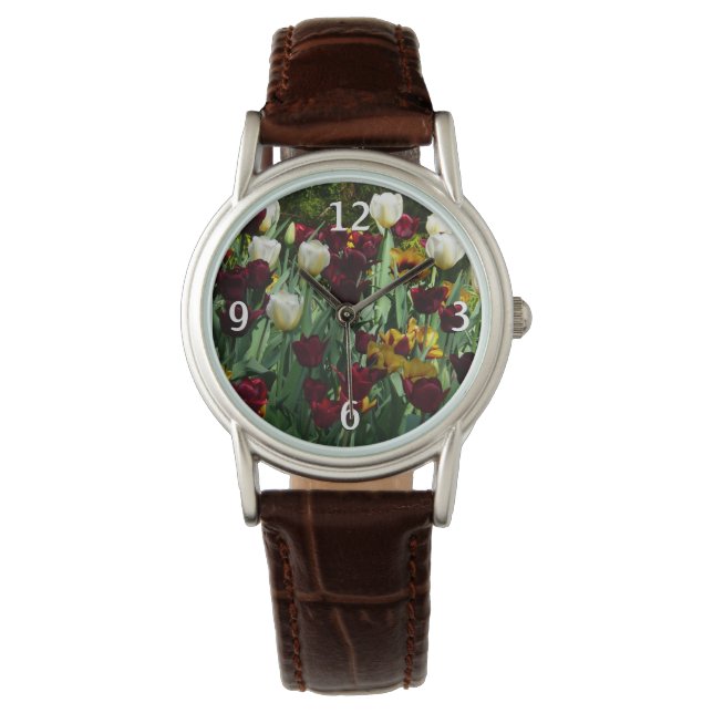 Maroon and Yellow Tulips Colourful Floral Watch (Front)