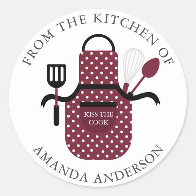Maroon Apron Kiss the Cook From the Kitchen of Classic Round Sticker (Front)