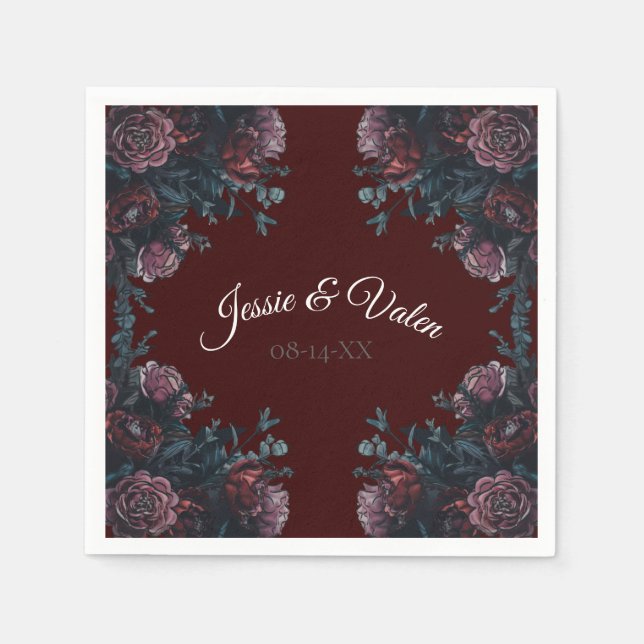Maroon Autumn Floral Wedding Napkin (Front)