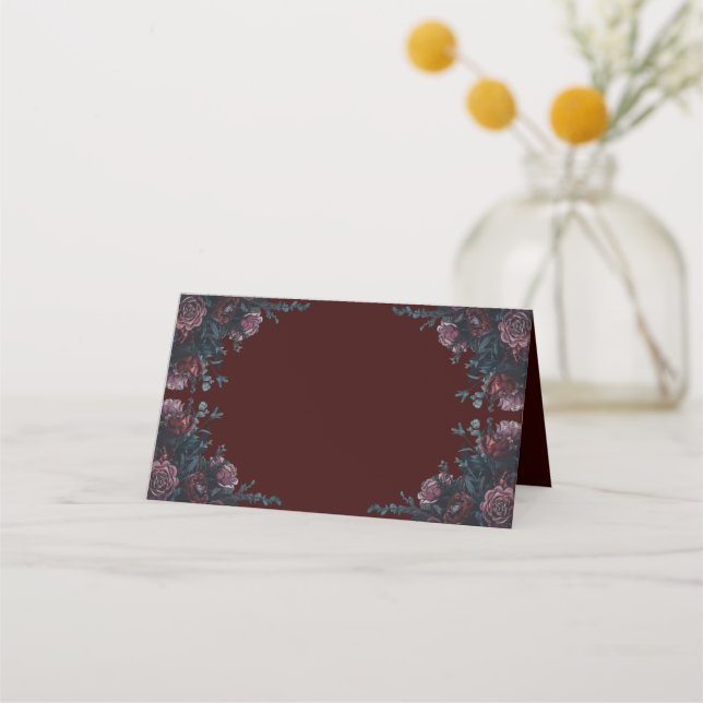 Maroon Autumn Floral Wedding Place Card (Front)