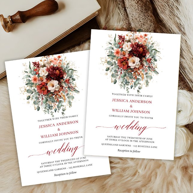 Maroon Autumn Flowers Boho Eucalyptus Wedding Card (Maroon Autumn Flowers Boho Eucalyptus Wedding Invite

)