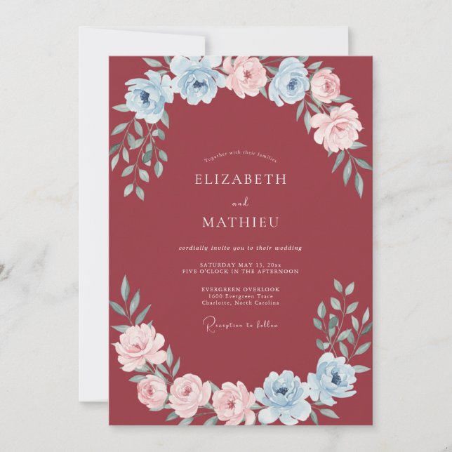 Maroon Azure Ranunculus Eucalyptus Wedding Invitation (Front)