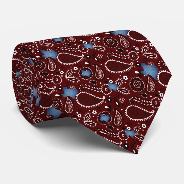 Maroon Bandana and Denim Texas Neck Tie (Rolled)