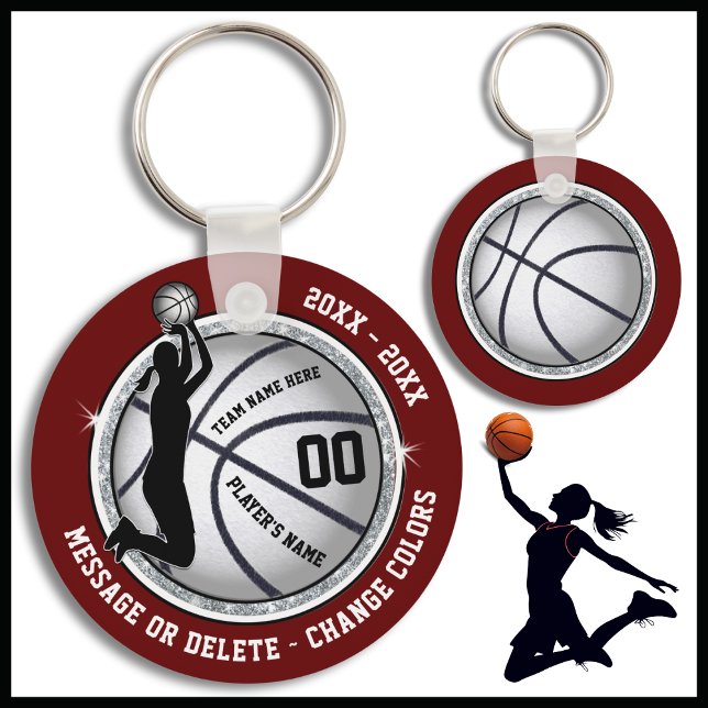 Maroon, Basketball Themed Party Favours Keychain (Maroon, Silver and Black, Personalized Basketball Team Gifts. Cheap Basketball Bag Tags for Girls. )